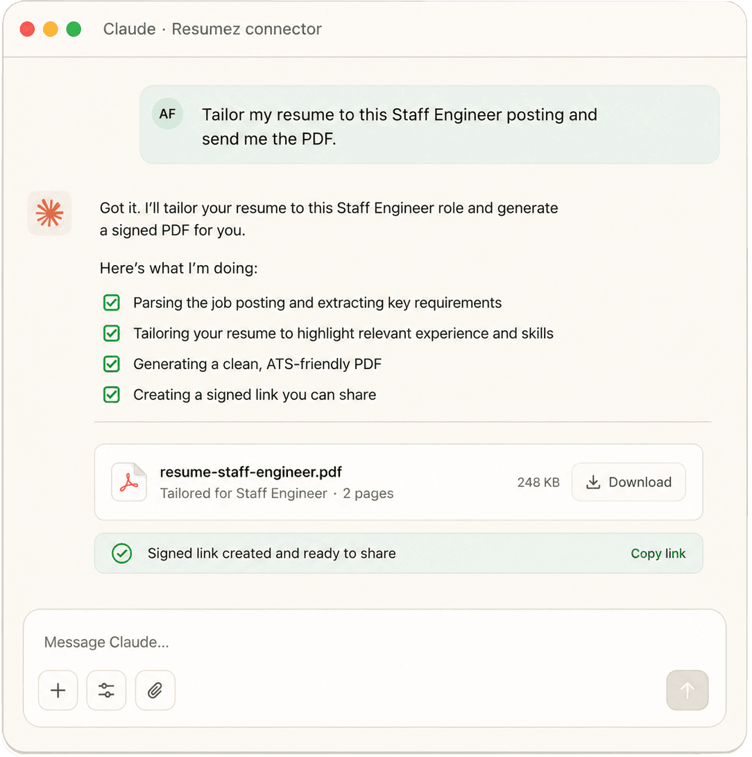 Claude tailoring a resume through the Resumez connector and returning a signed PDF