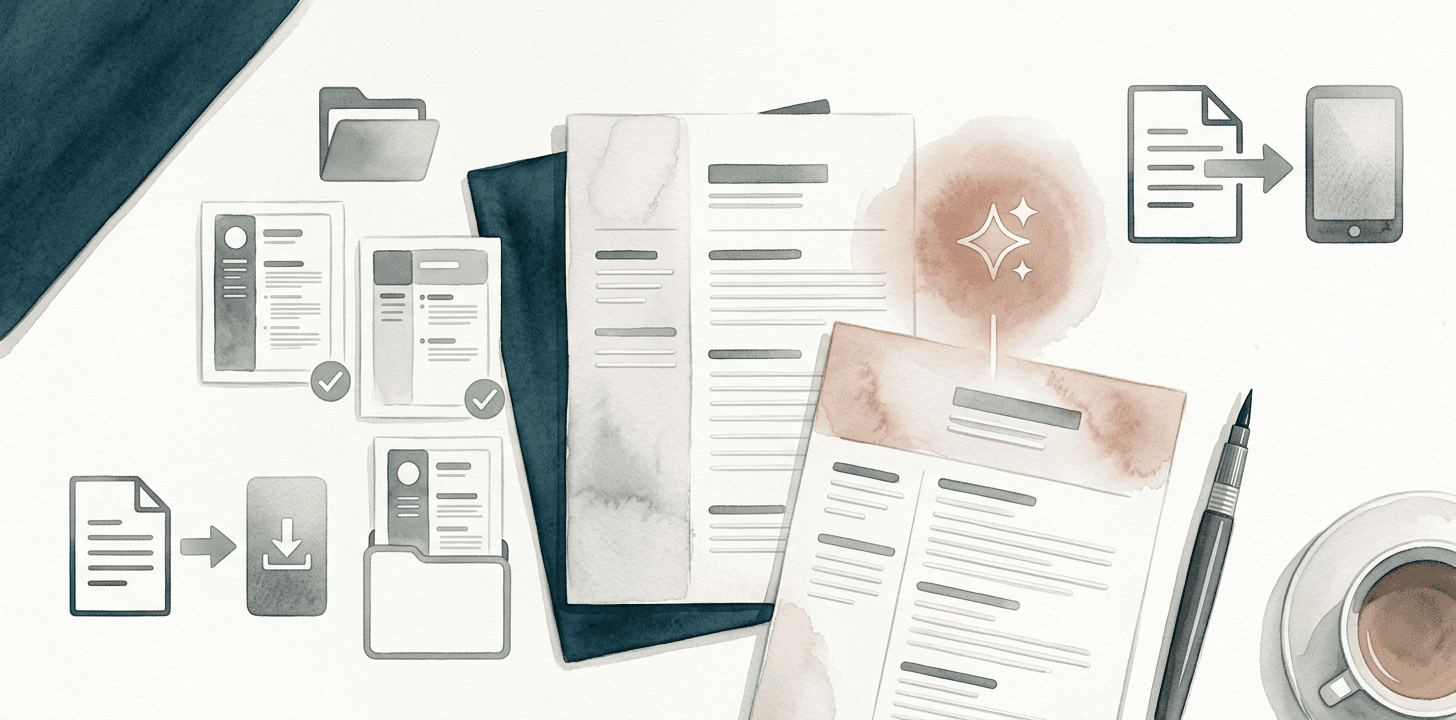 Illustration of resume-building tools, templates, scoring, and export