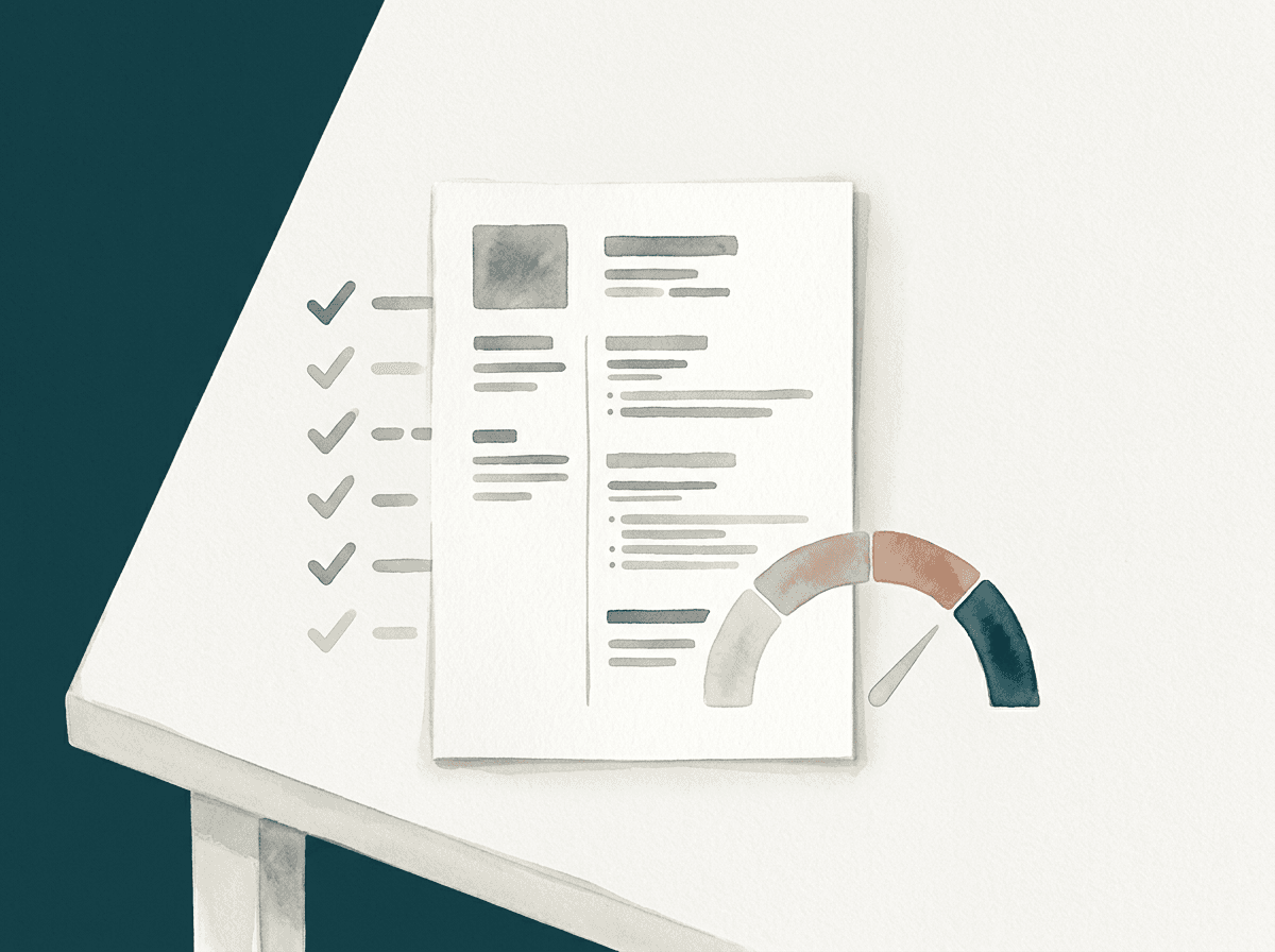 Illustration of a resume being reviewed with scoring cues