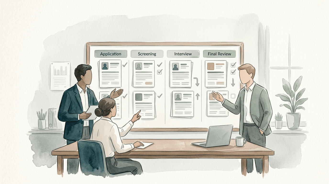 A recruiting team collaborating around a shared candidate review board